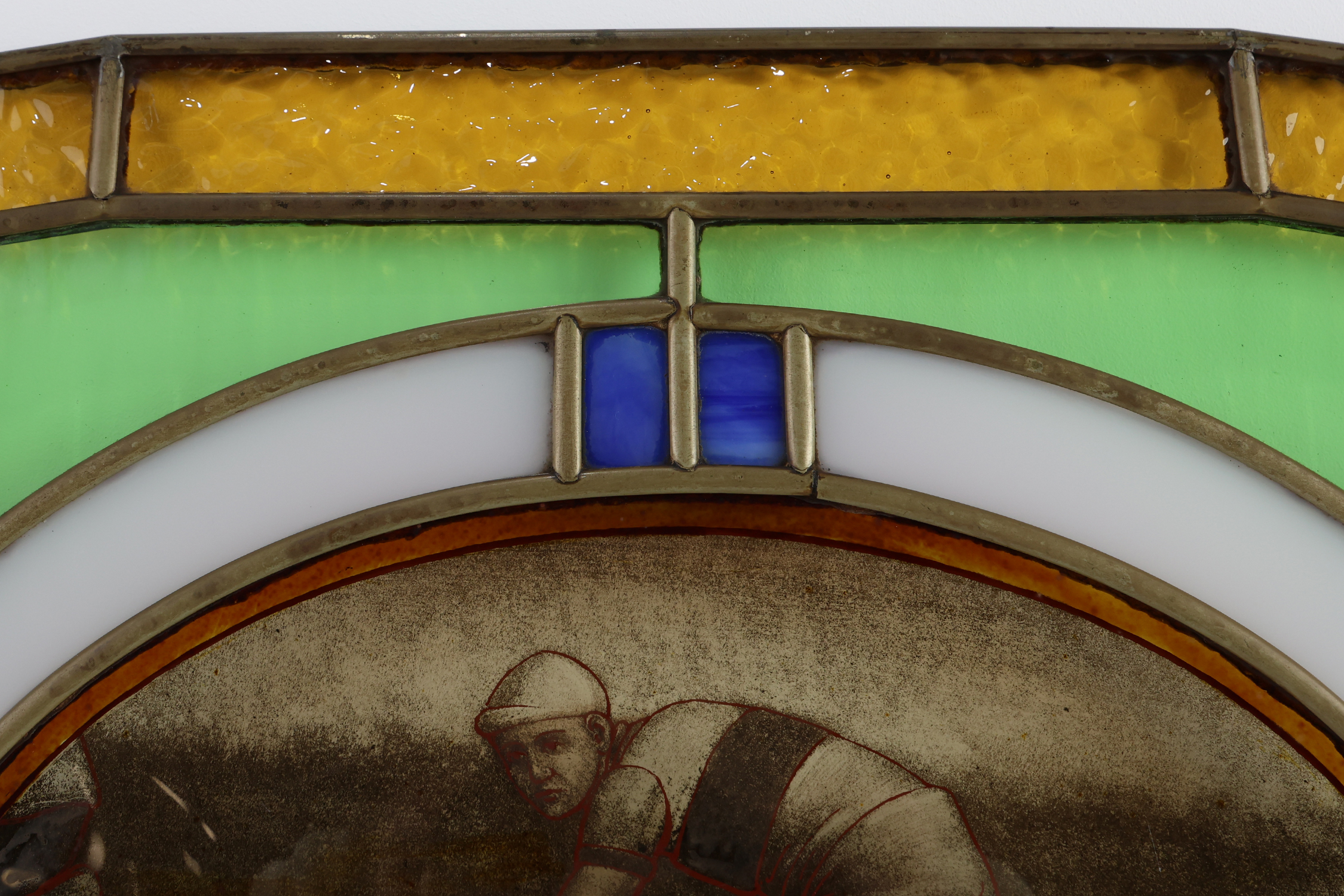 Art Deco Stained Glass Panel Depicting Cyclists in Motion, Belgium ca. 1910thumbnail